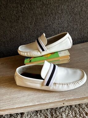 Men's Tommy Hilfiger White Leather Slip-On Loafers with Black Stripe Detail